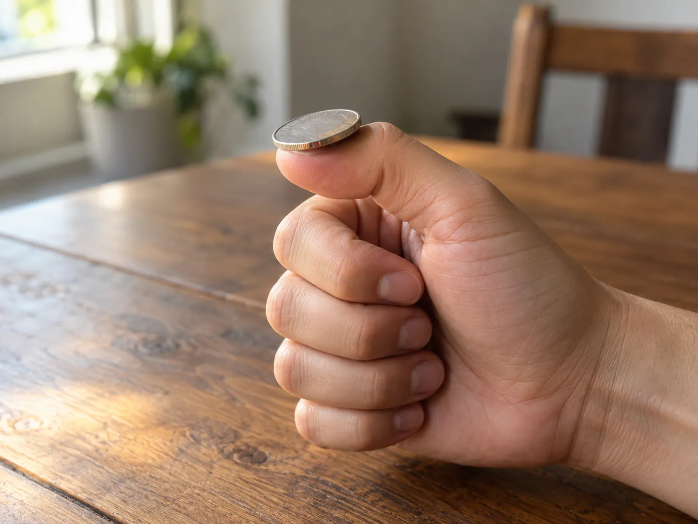 A hand with a coin balanced on a bent thumb, ready to flip it, over a wooden table